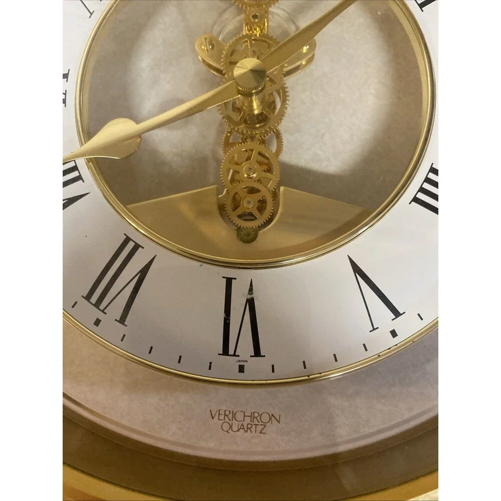 Verichron Wall Clock Skeleton Quartz Vintage Gold Brass Mechanism Roman Numerals